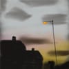 Houses in silhouette against a sunrise, a streetlight still on.