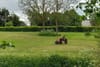 A man on a ride-on mower journeys across a green field.